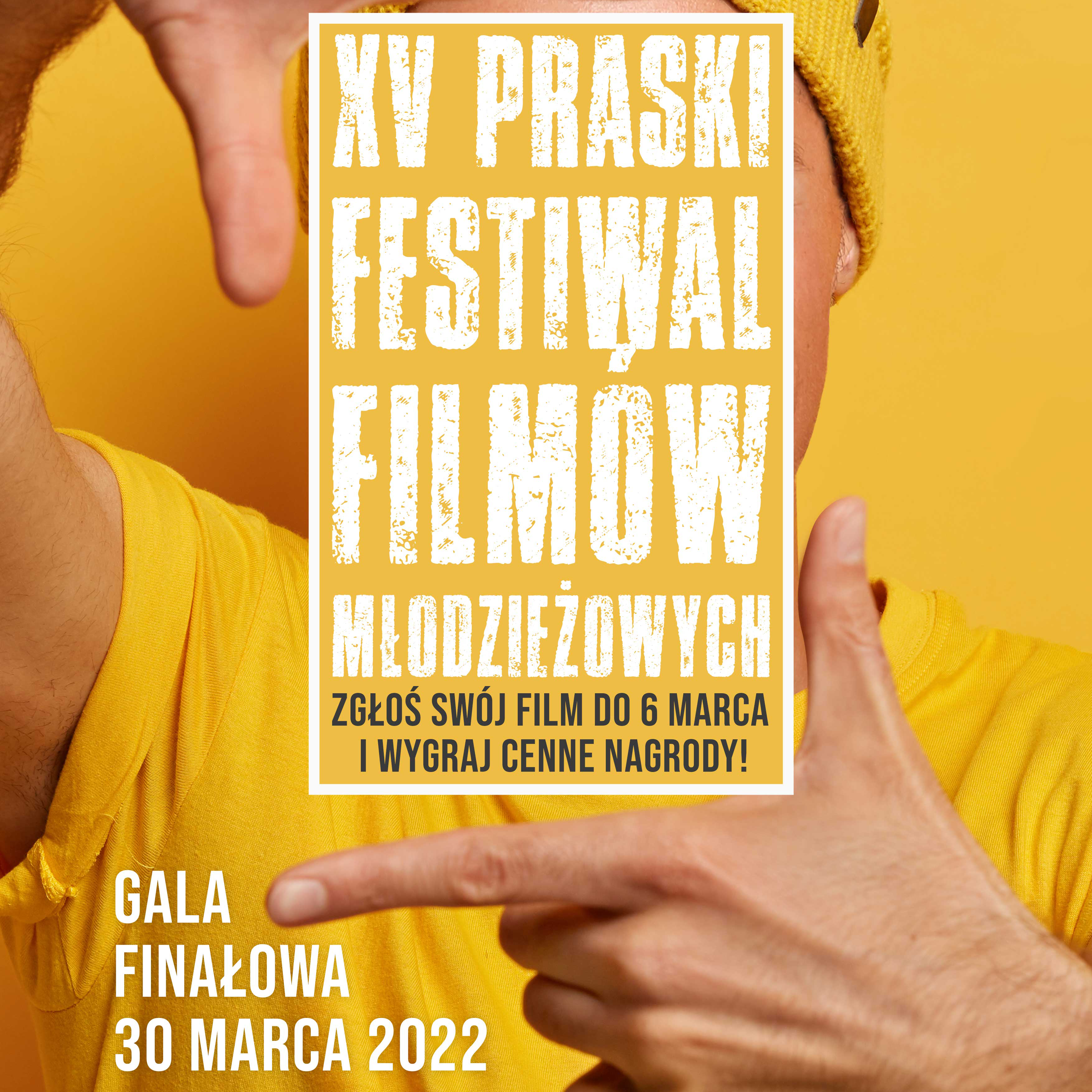 grafika przedstawiająca tekst "festiwal filmów młodzieżowych, zgłoś swój film do 6 marca"