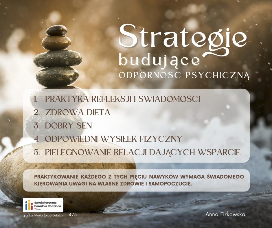 Grafika, kamienie ustawione jeden na drugim, tekst "Strategie budujące odporność psychiczną"