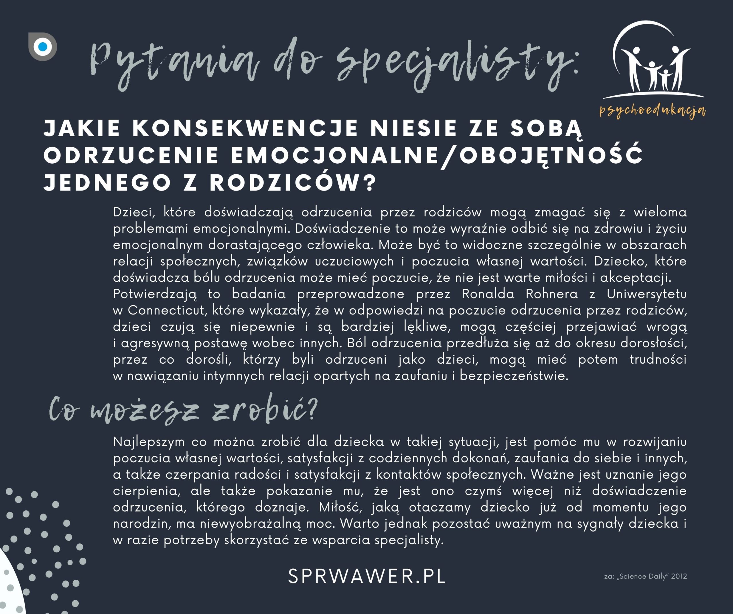 Infografika z tekstem "Dzieci, które doświadczają odrzucenia przez rodziców..."