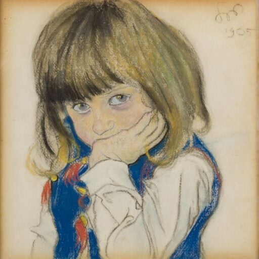 grafika mała dziewczynka podpierająca ręką brodę