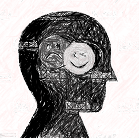 grafika ciemna postać z ikonkami umiechniętej i smutnej twarzy w środku