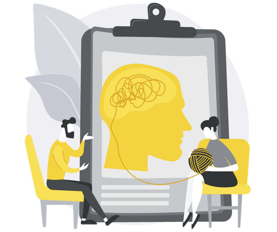 grafika, dwie osoby siedzące na krzesłach na przeciwko siebie jedna rozplątuje nić