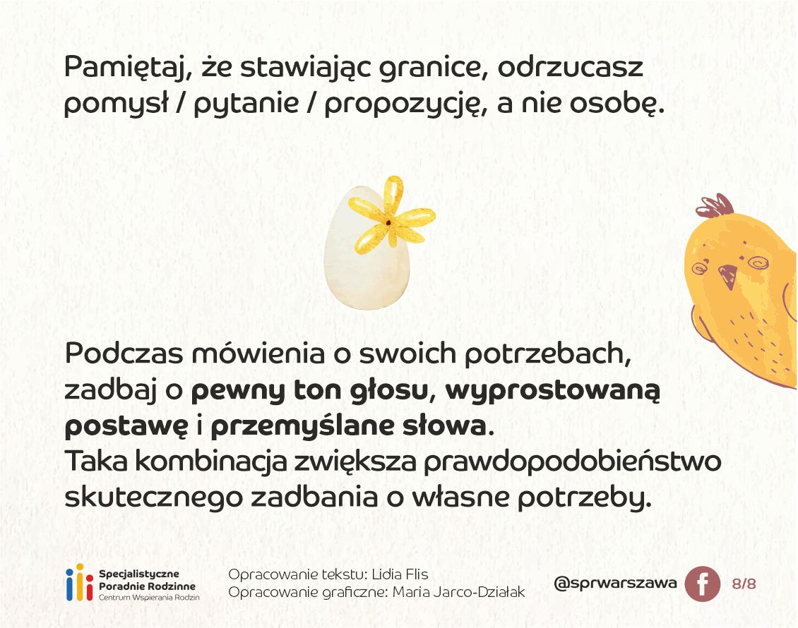 Pamiętaj, że stawiając granicę, odrzucasz pomysł/pytanie/propozycję, a nie osobę. grafika: kurczak i jajko z kwiatkiem