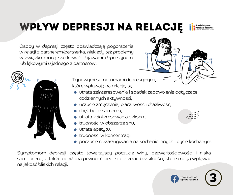 WPŁYW DEPRESJI NA RELACJĘ Osoby w depresji często doświadczają pogorszenia w relacji z partnerem/partnerką, niekiedy też problemy w związku mogą skutkować objawami depresyjnymi lub lękowymi u jednego z partnerów. Typowymi symptomami depresyjnymi, które wpływają na relację, są: - utrata zainteresowania i spadek zadowolenia dotyczące codziennych aktywności, - uczucie zmęczenia, płaczliwość i drażliwość, - chęć bycia samemu, - utrata zainteresowania seksem, - trudności w obszarze snu, - utrata apetytu, - trudności w koncentracji, - poczucie niezasługiwania na kochanie innych i bycie kochanym. Symptomom depresji często towarzyszy poczucie winy, bezwartościowości i niska samoocena, a także obniżona pewność siebie i poczucie bezsilności, które mogą wpływać na jakość bliskich relacji.