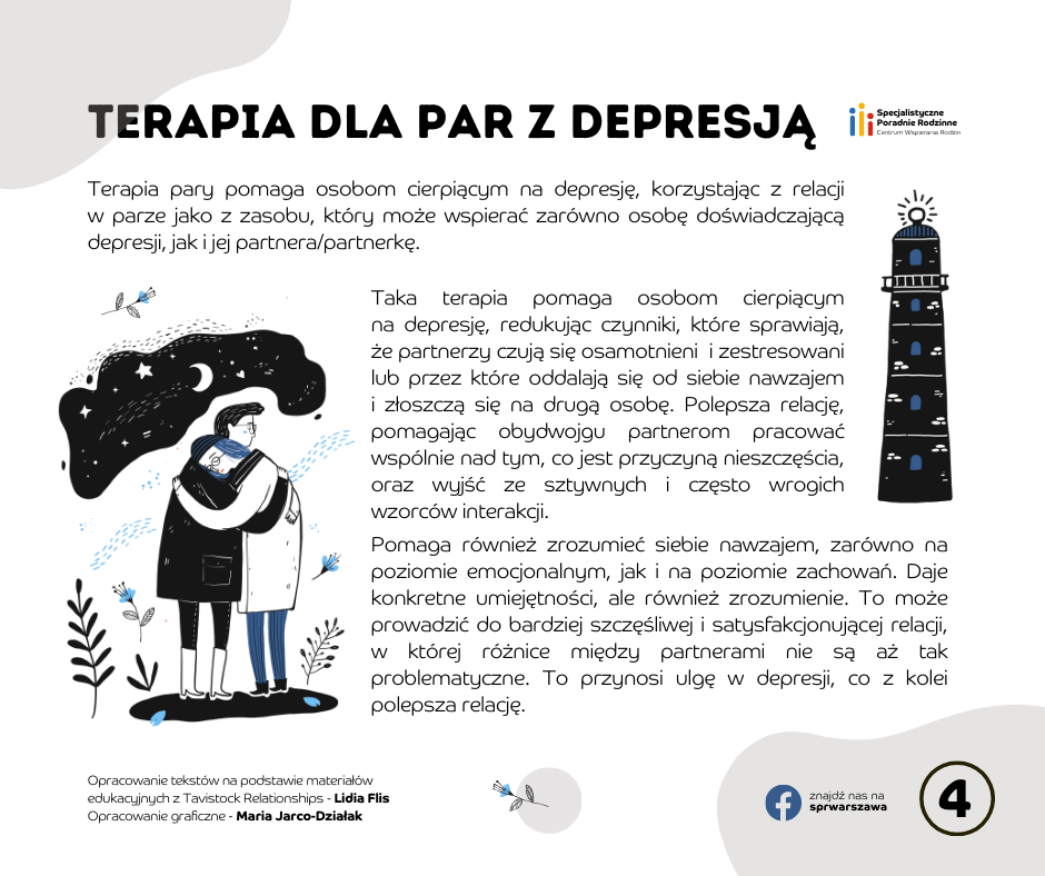 TERAPIA DLA PAR Z DEPRESJĄ Terapia pary pomaga osobom cierpiącym na depresję, korzystając z relacji w parze jako z zasobu, który może wspierać zarówno osobę doświadczającą depresji, jak i jej partnera/partnerkę. Taka terapia pomaga osobom cierpiącym na depresję, redukując czynniki, które sprawiają, że partnerzy czują się osamotnieni i zestresowani lub przez które oddalają się od siebie nawzajem i złoszczą się na drugą osobę. Polepsza relację, pomagając obydwojgu partnerom pracować wspólnie nad tym, co jest przyczyną nieszczęścia, oraz wyjść ze sztywnych i często wrogich wzorców interakcji. Pomaga również zrozumieć siebie nawzajem, zarówno na poziomie emocjonalnym, jak i na poziomie zachowań. Daje konkretne umiejętności, ale również zrozumienie. To może prowadzić do bardziej