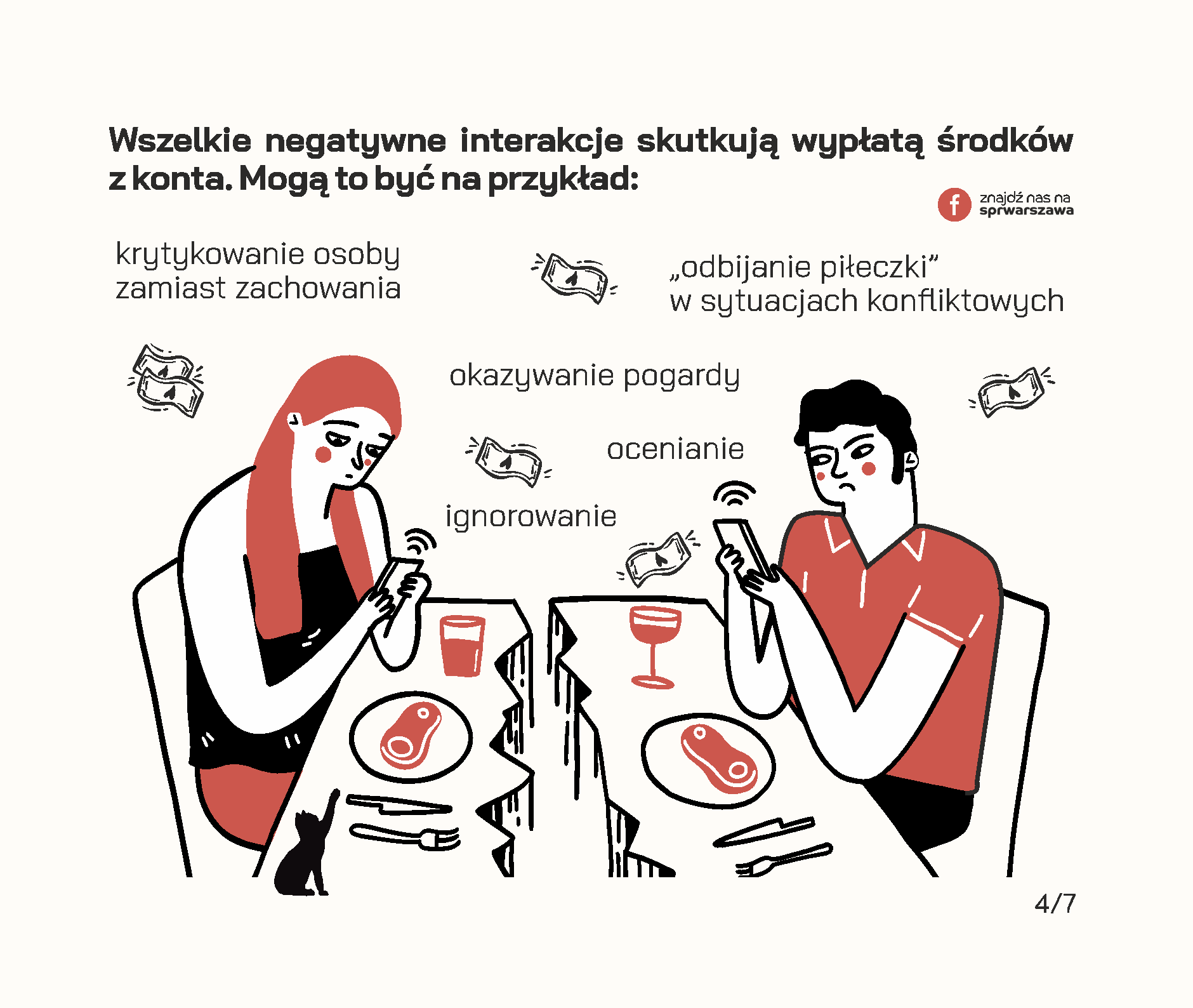 Czy wiesz, że Twój związek posiada konto emocjonalne? Będąc w relacji, często odczuwamy zapotrzebowanie na okazywanie uczuć przez drugą stronę, emocjonalne wsparcie, poświęcaną uwagę czy wspólne żarty. Jeżeli odpowiadamy na takie potrzeby, zwracamy się ku sobie i tym samym dokonujemy wpłat na emocjonalne konto związku. Przykłady wpłat: • wieczorna rozmowa o tym, jak minął dzień, • pomoc w realizacji ważnych dla drugiej strony spraw, • wspólne zjedzenie śniadania lub kolacji w dzień powszedni, • dzielenie się obowiązkami, • docenianie rzeczy, które robi partner, • świętowanie ważnych wydarzeń i rocznic, • planowanie przyszłości i snucie marzeń, • zabawne wiadomości przesyłane w trakcie pobytu w pracy. Wszelkie negatywne interakcje skutkują wypłatą środków z konta. Mogą to być na przykład: • ignorowanie, • okazywanie pogardy, • ocenianie, • krytykowanie osoby zamiast zachowania, • „odbijanie piłeczki” w sytuacjach konfliktowych. Jeżeli na koncie emocjonalnym jest dużo środków, stanowią one rezerwy, z których możemy skorzystać w trudnych chwilach. Dzięki nim dużo przychylniej patrzymy na naszego partnera w sytuacjach konfliktowych, lepiej oceniamy jego intencje i łatwiej wybaczamy mu błędy. Łatwiej jest uznać, że gramy do wspólnej bramki, jeśli doświadczamy drobnych tego przejawów na co dzień. Dodatnie saldo pozwala również wzmacniać relację, buduje poczucie bliskości i zaufania. Według Johna Gottmana, amerykańskiego psychologa badającego związki, na każdą wypłatę z emocjonalnego konta powinno przypadać pięć wpłat, żeby relacja mogła pozostać stabilna. Dbanie o relację to nie tylko zwracanie się w kierunku partnera, ale także dostrzeganie tych codziennych momentów, w których partner robi coś dla nas oraz informowanie go o naszych potrzebach w sposób pozbawiony oskarżeń.