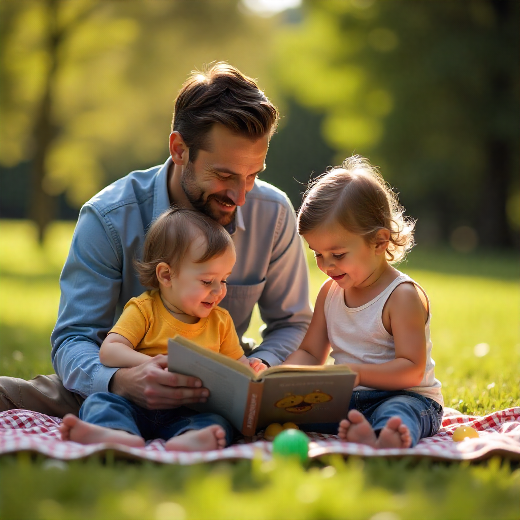 Zdjęcie. Mężczyzna siedzący na kocu na łące, trzyma na kolanach dwoje małych dzieci. Wszyscy sie uśmiechają.